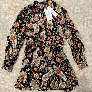 ZARA Floral Long Sleeve Black Blouse Top